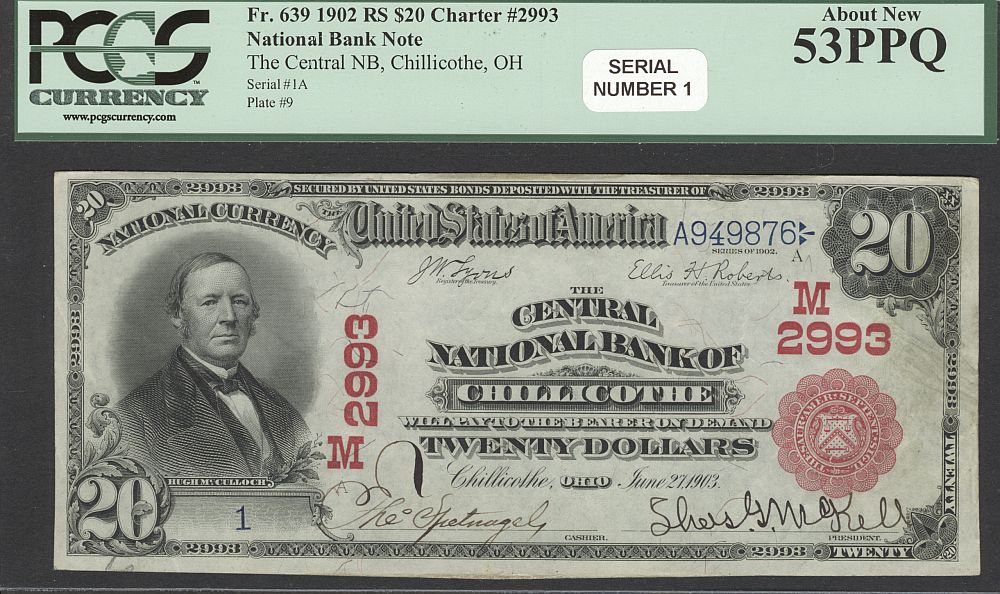 Chillicothe, Ohio, Ch.#2993, Central NB of Chillicothe, 1902 Red Seal $20, Serial Number One